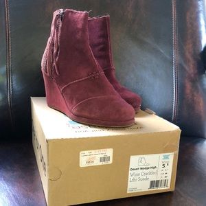 Tom’s desert wedge high booties,  wine, size 5.5